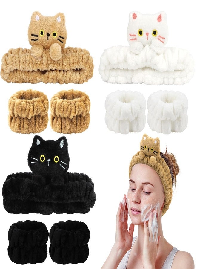 WHAVEL Spa Headband and Wristband Set, Cat Face Wash Headband Wrist Bands for Washing Face Cute Hair Band for Women Soft Fluffy Makeup Head Band Supplies for Skincare, Yoga, Shower, Party - Image 1
